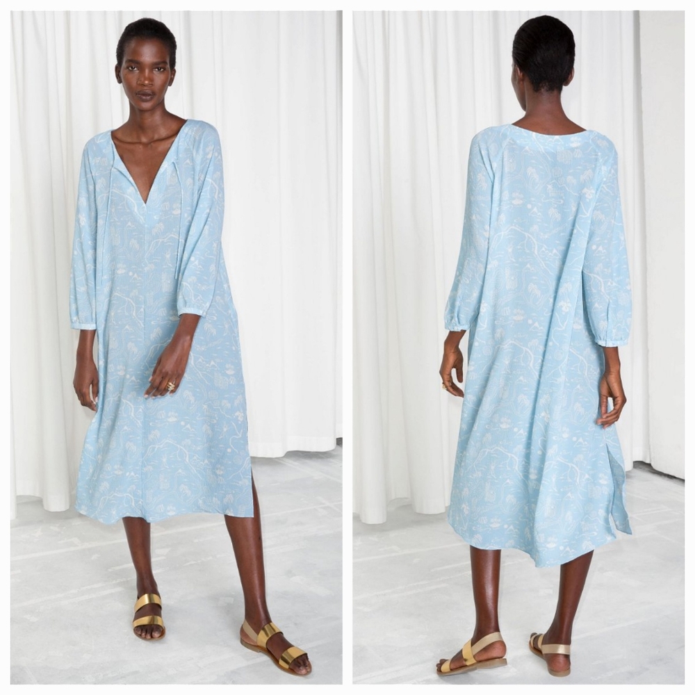 & Other Stories Blue Tropical Map Print Kaftan Cover Up Sheer Midi Dress size 8